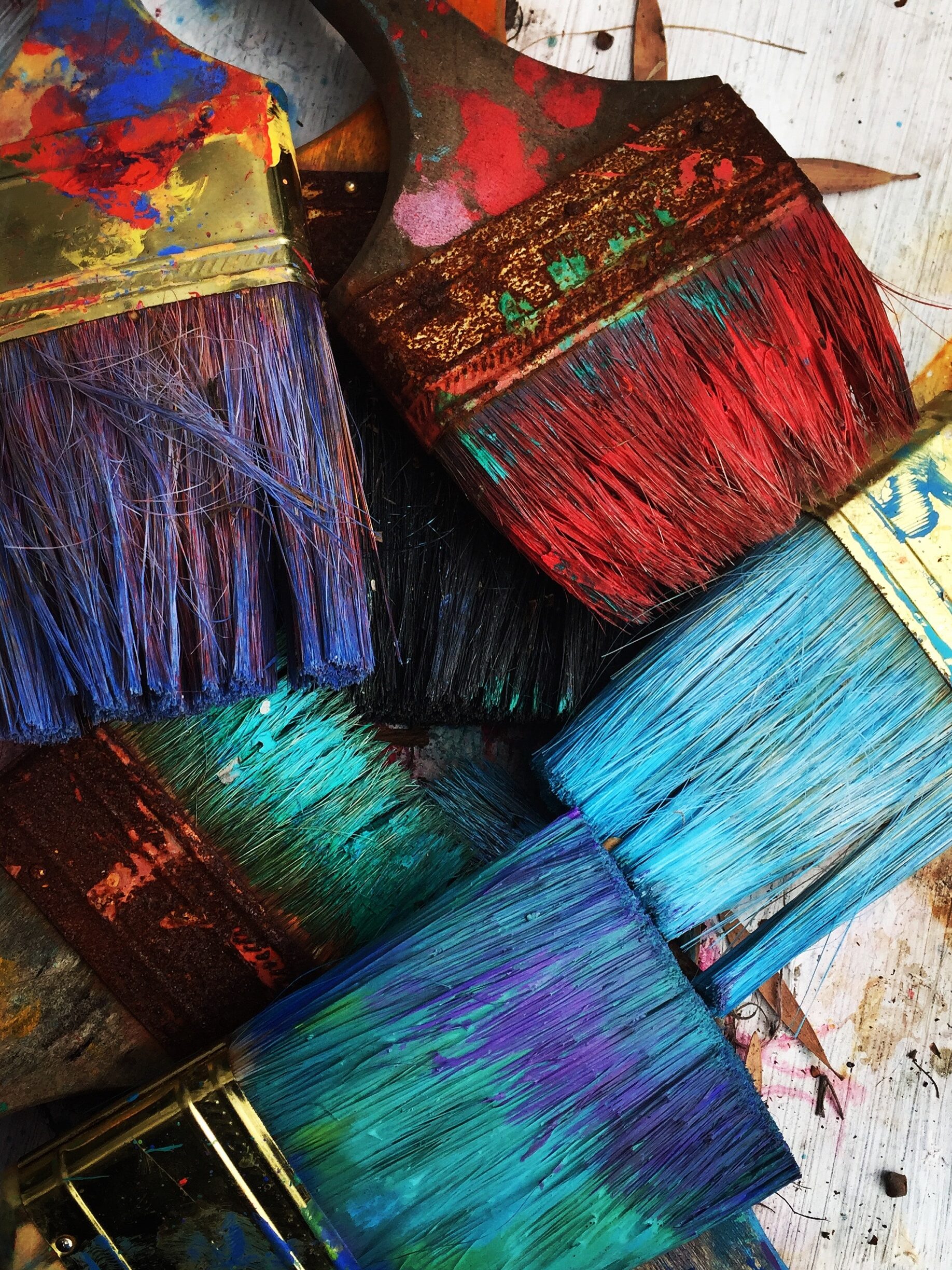 Florida Artist RhondaK paintbrushes drying. She uses colorful paint in her works on mermaids, manatees, crabs, palm trees, and more. RhondaK.art